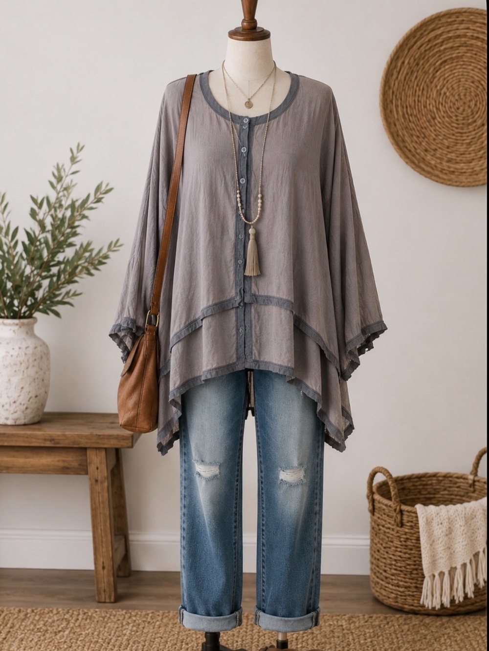 Vintage Lagenlook Size 2 US L Bohemian Long Top With Oversized Attached Jacket